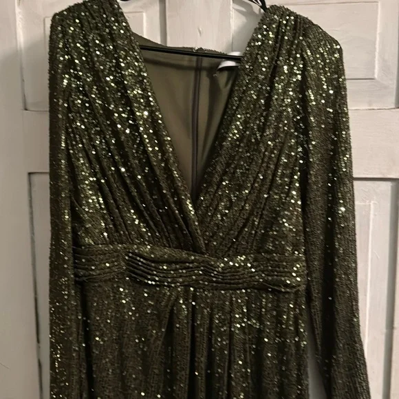 Mac Duggal Sequin Long Sleeve Faux Wrap Gown - Picture 3 of 5